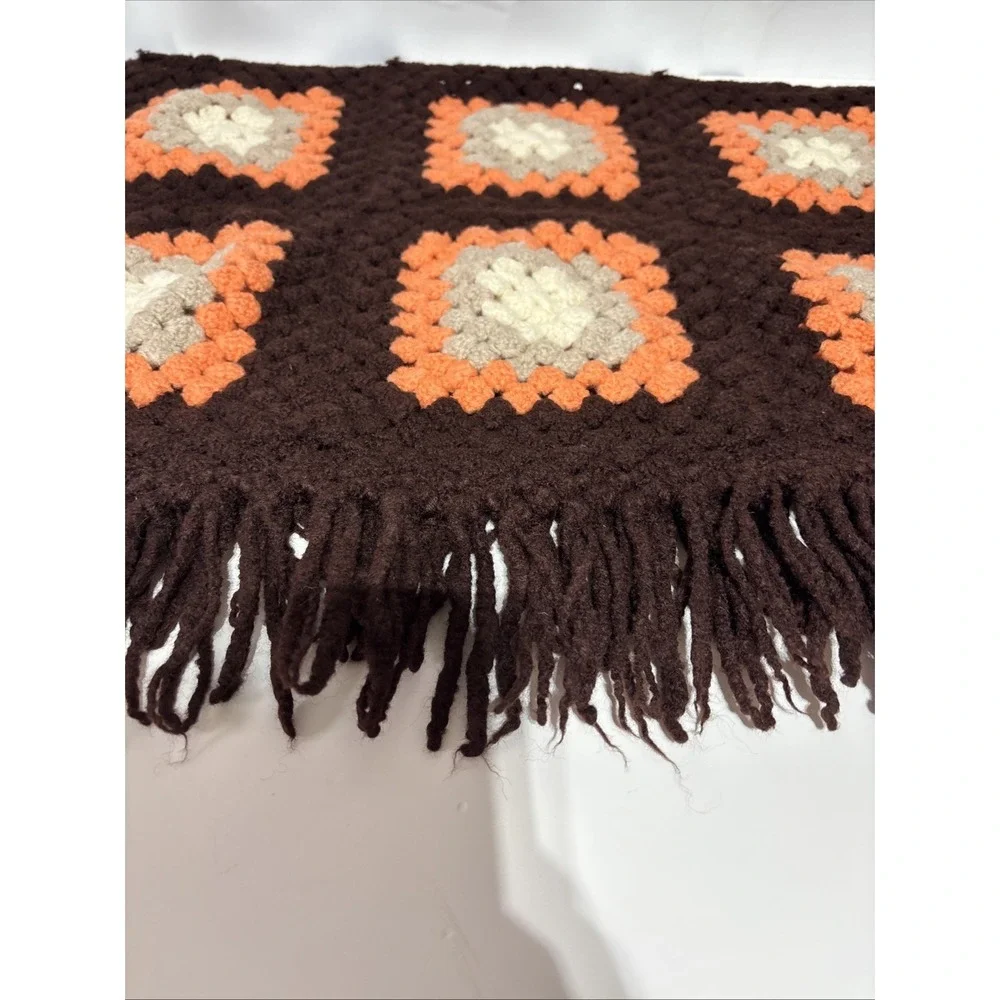 Vtg‎ Handmade Crochet Granny Square Afghan Blanket Throw Orange Brown 46X27